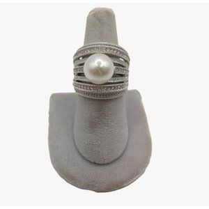 Faux Pearl 7 Tier Band Rhinestone Cocktail Ring signed NVC
